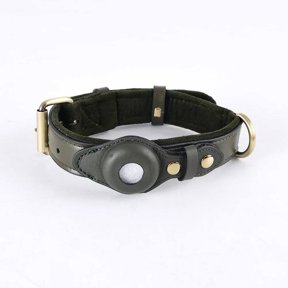 Leather Airtag Dog Collar in Green