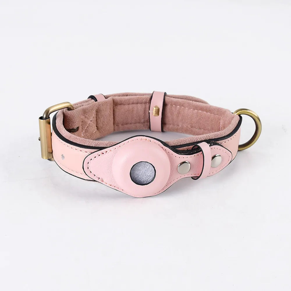 Leather Airtag Dog Collar in Pink