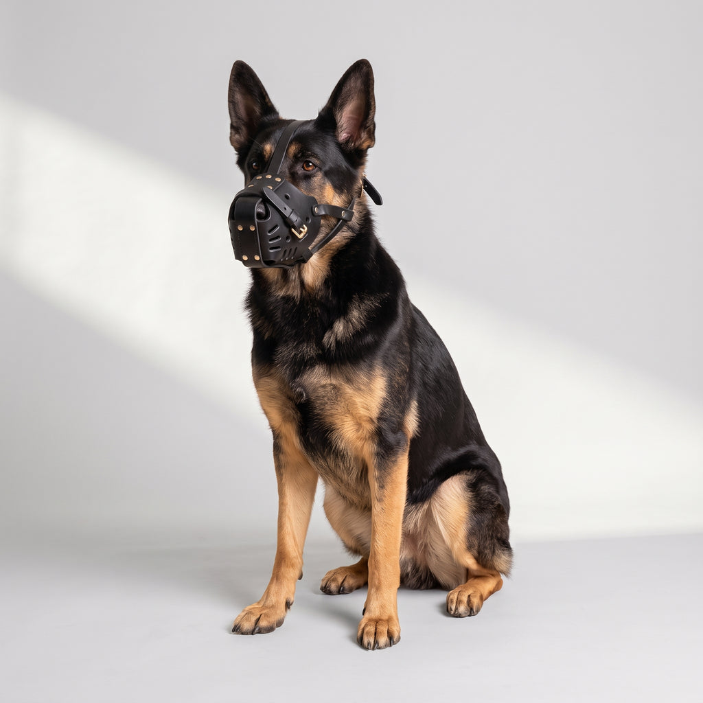 Leather Basket Dog Muzzle with a German Shepherd, studio photo