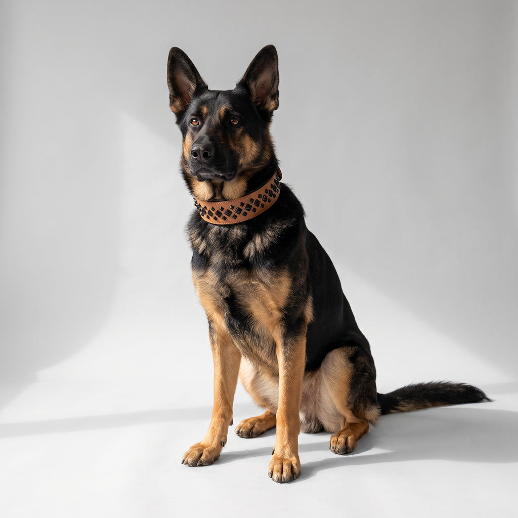 Leather Collar For Medium & Big Dog with a German Shepherd, studio photo