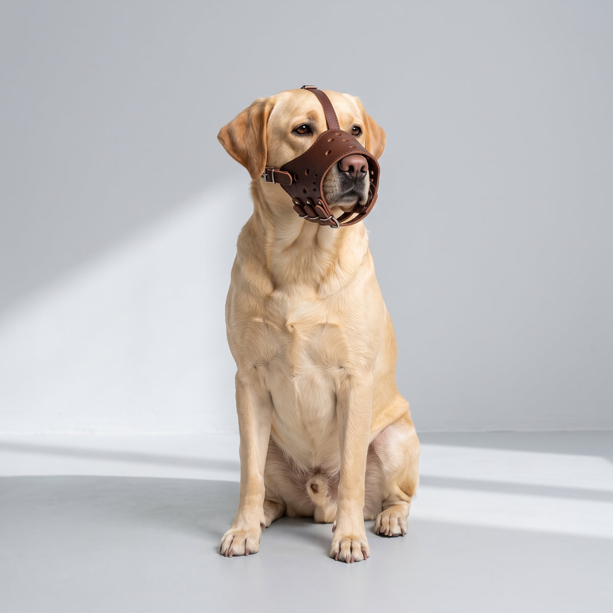 Leather Dog Muzzle with a Labrador, studio photo