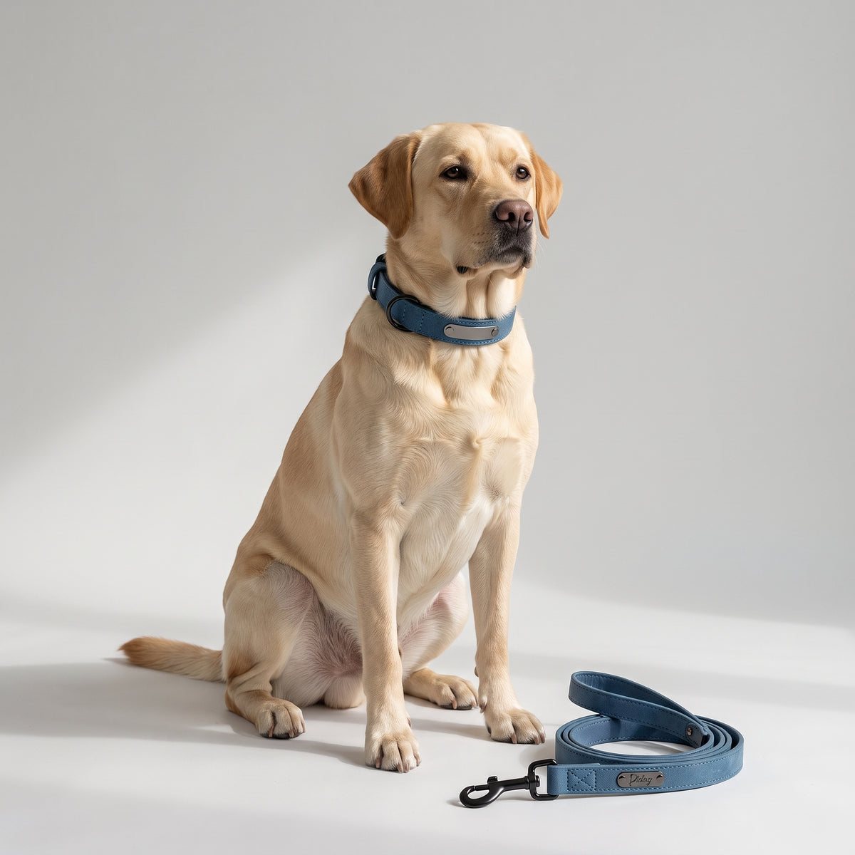 Personalized Leather Dog Collar and Leash with a Labrador, studio photo