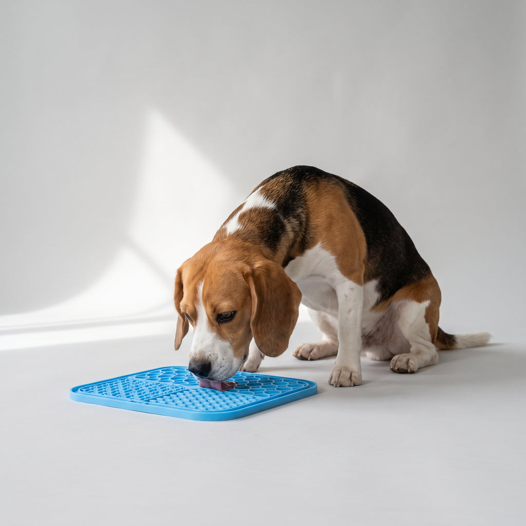 Silicone Lick Pad for Dogs with Spoon Option with a beagle, studio photo