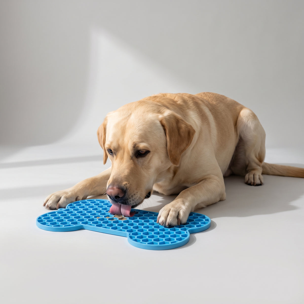 Silicone Lick Mat for Dogs, Mealtime Enrichment with a Labrador, studio photo