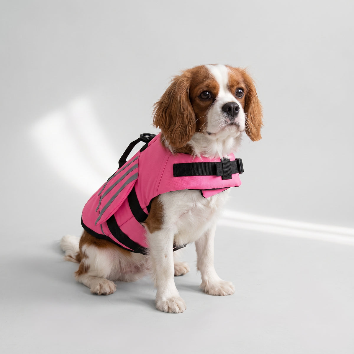 Life Jacket Dog with a Cavalier King Charles, studio photo
