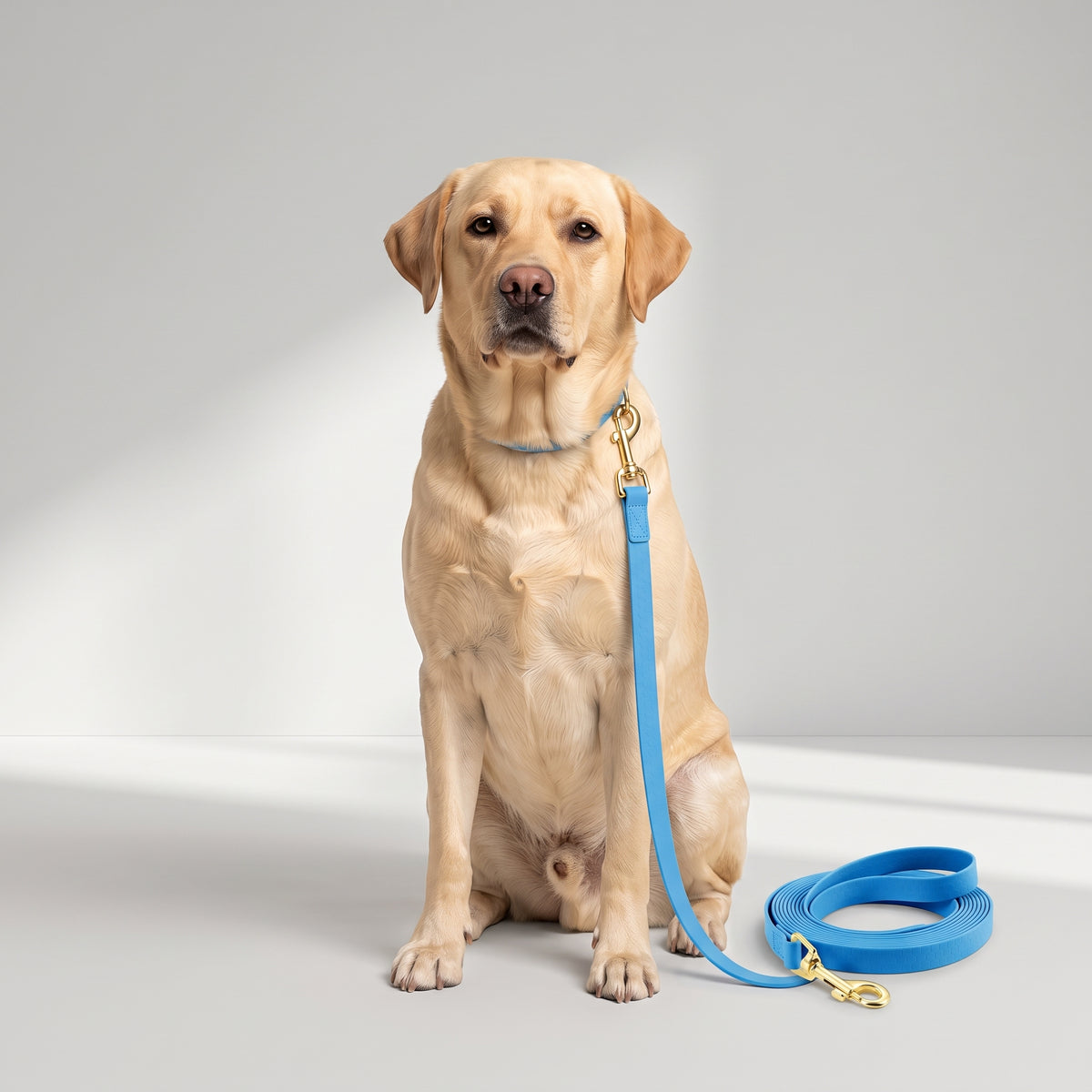 Long Waterproof Dog Leash up to 15 Meters with a Labrador, studio photo