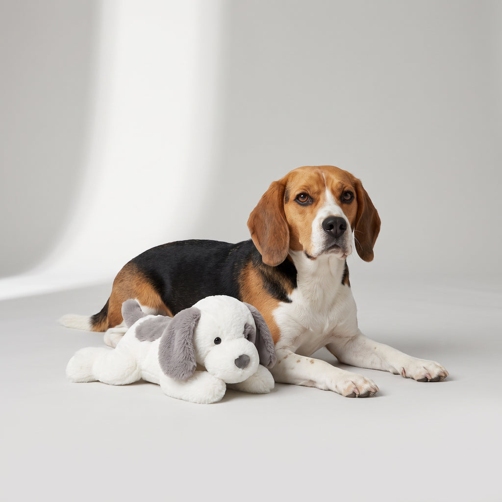 Lying Dog Plush Toy with a beagle, studio photo