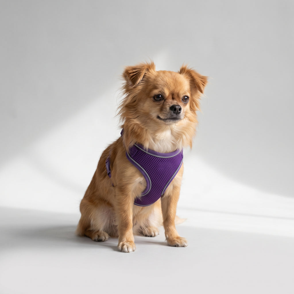 Mesh Dog Harness, Soft and Breathable with a chihuahua, studio photo