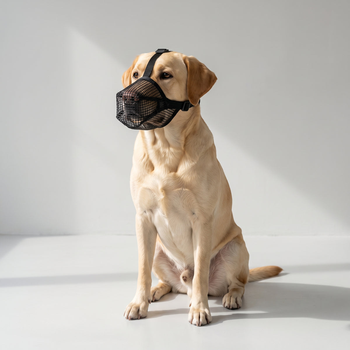 Mesh Dog Muzzle with a Labrador, studio photo