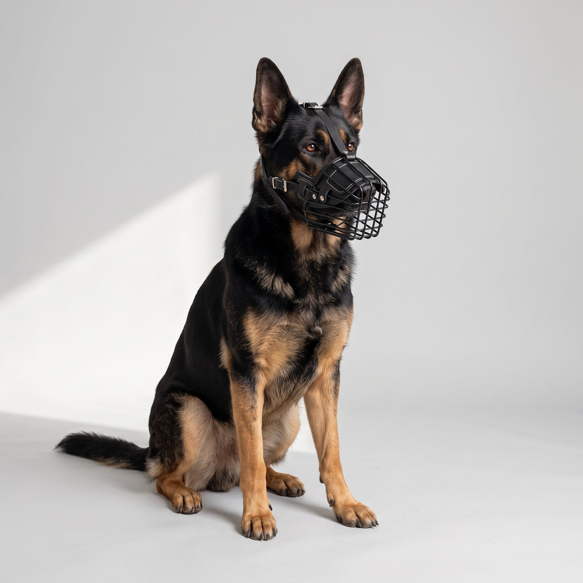 Metal Basket Dog Muzzle with a German Shepherd, studio photo