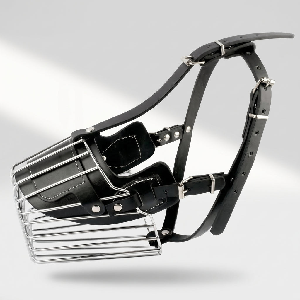 Metal Basket Dog Muzzle, studio photo on a light grey background