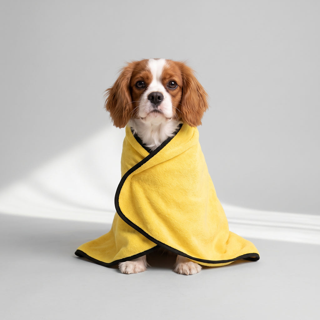Yellow Microfiber Dog Towel in Three Sizes with a Cavalier King Charles, studio photo