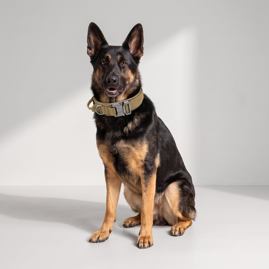Military Tactical Dog Collar with a German Shepherd, studio photo