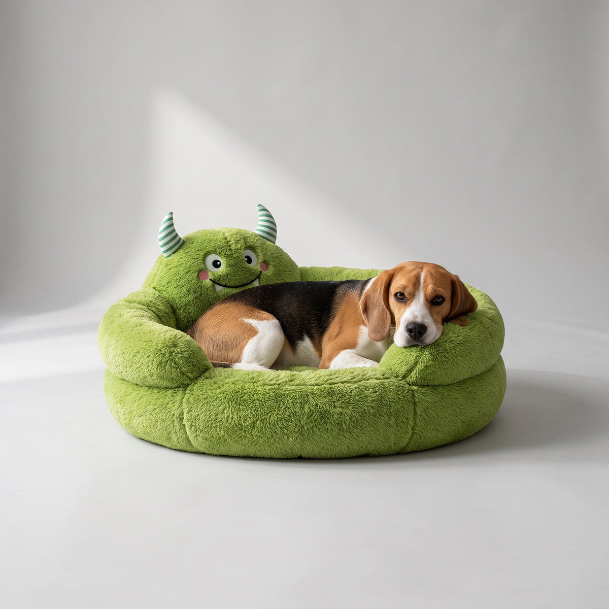 Monster Dog Bed with a beagle, studio photo