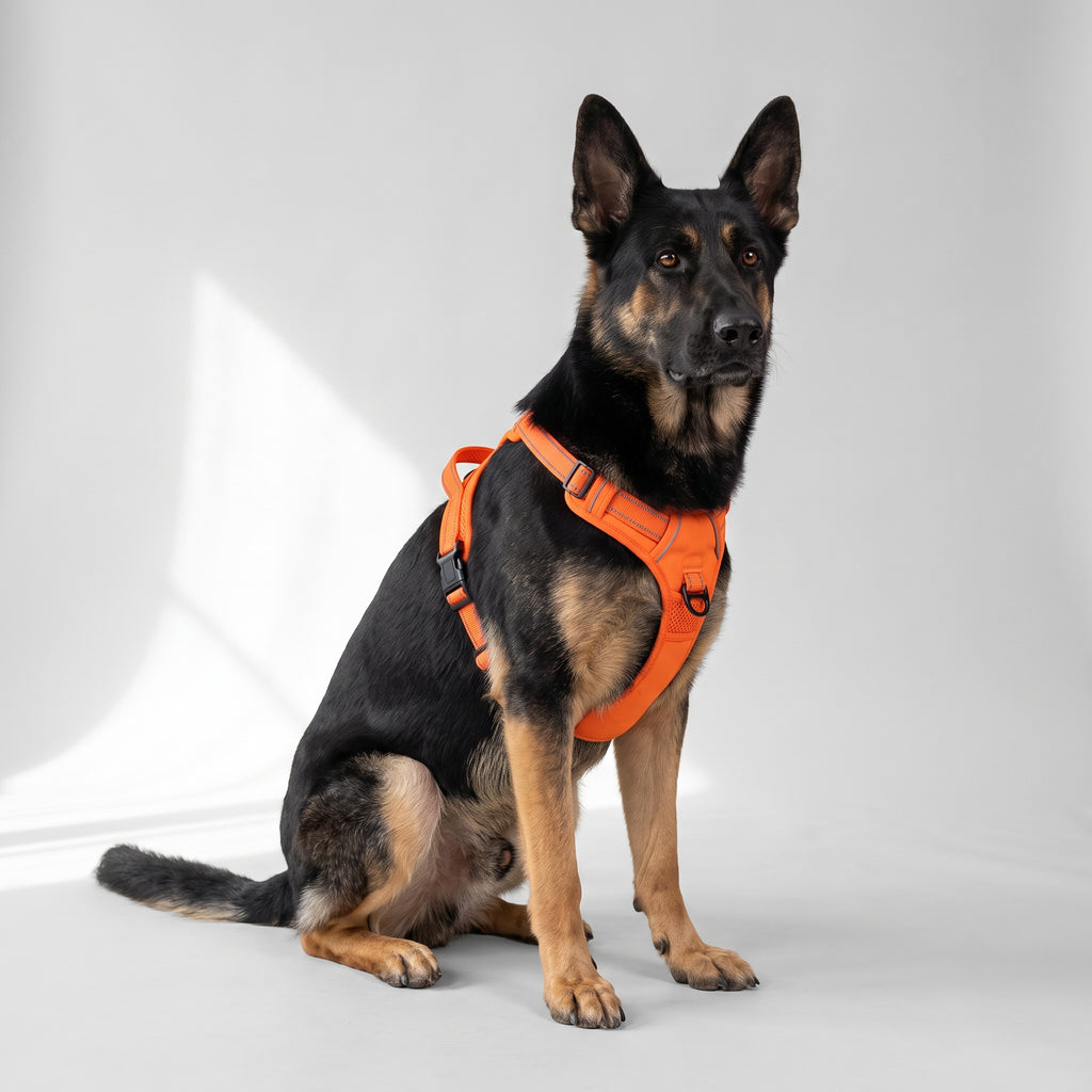 No Pull Dog Harness with Reflective Strips with a German Shepherd, studio photo