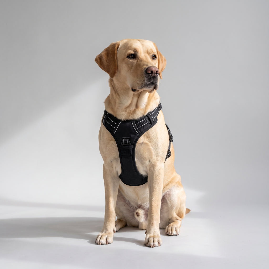No Pull reflective dog harness with a Labrador, studio photo