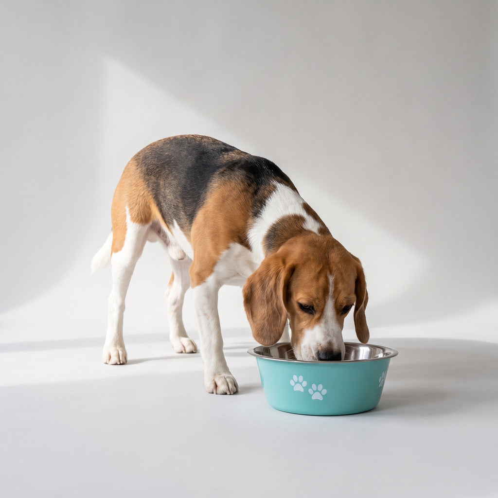 Non Slip Dog Bowls with a beagle, studio photo