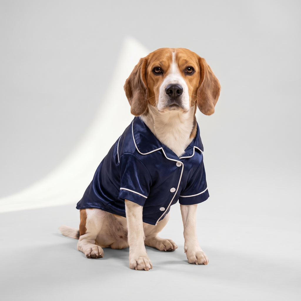 Navy Blue Cotton Dog Pajamas for Cozy Nights with a beagle, studio photo