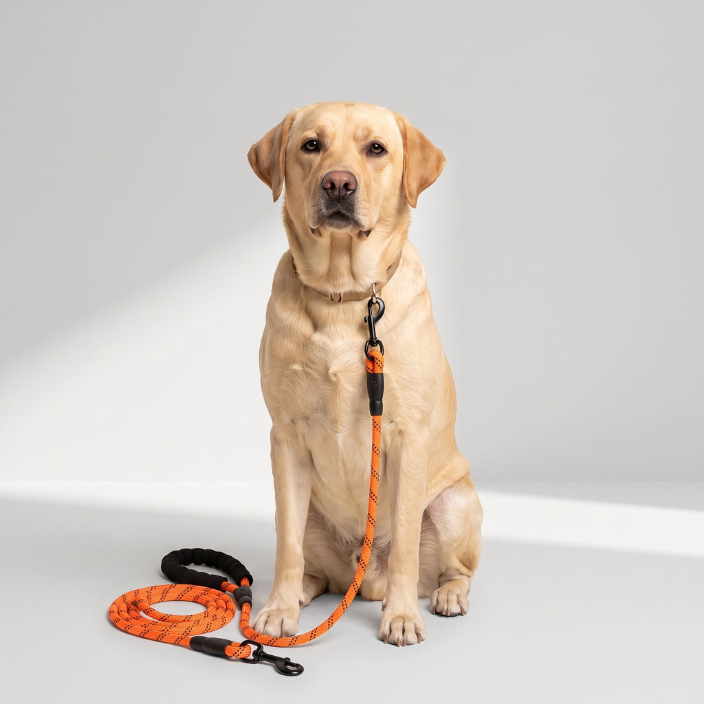Orange Dog Leash with a Labrador, studio photo