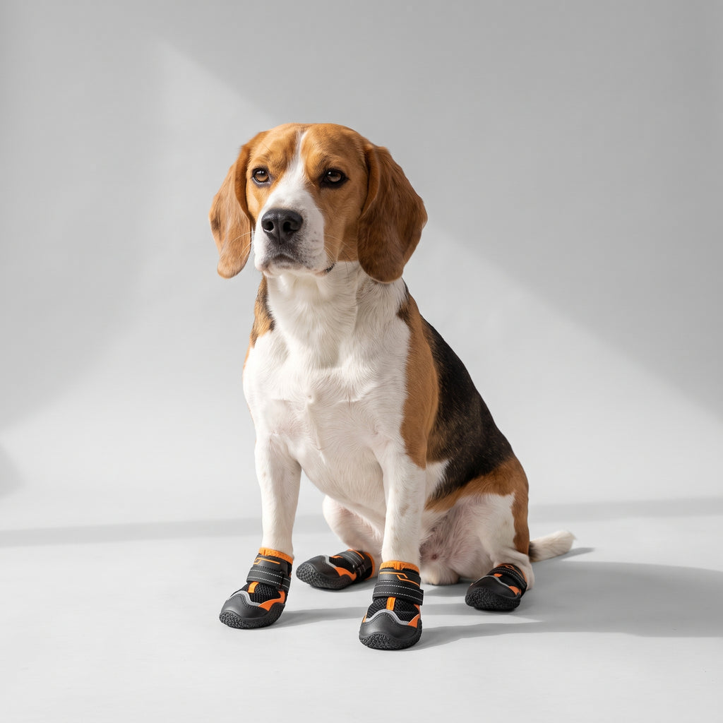 Outdoor Dog Shoes with a beagle, studio photo