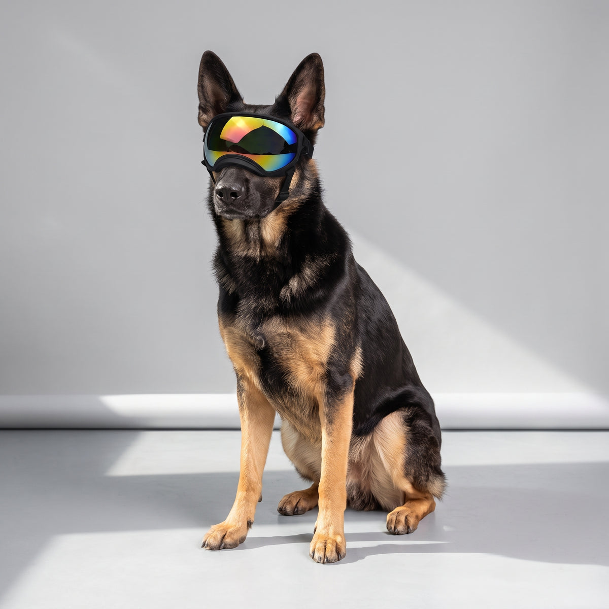 Outdoor Dog Sport Glasses with a German Shepherd, studio photo