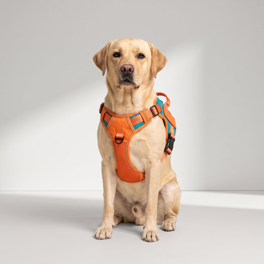 Personalized Reflective Dog Vest Harness with a Labrador, studio photo