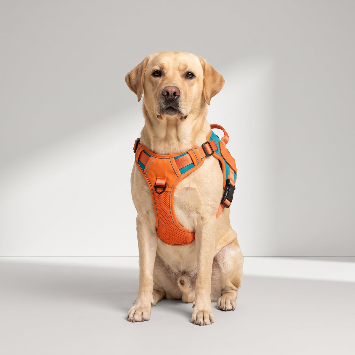 Personalized Reflective Dog Vest Harness with a Labrador, studio photo