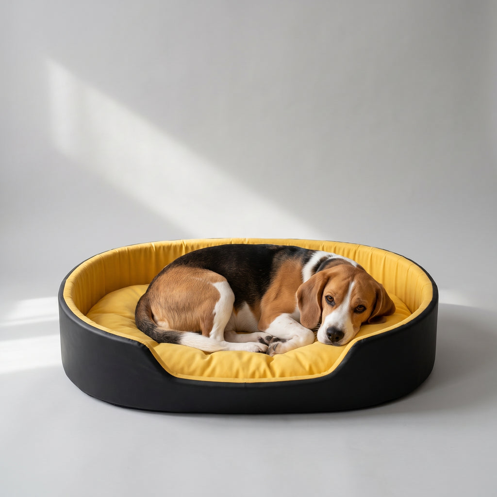 Pet Dog Bed Four Seasons with a beagle, studio photo
