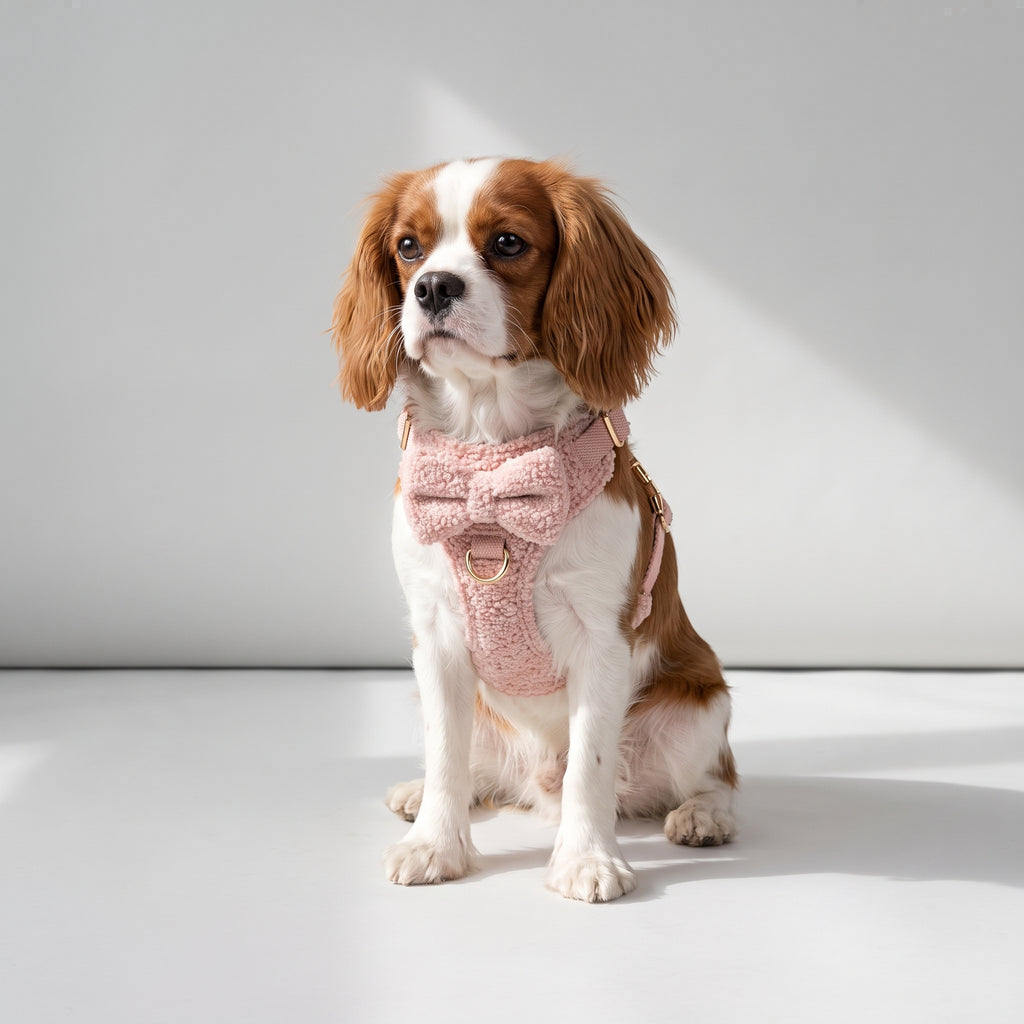 Pink Dog Harness & Leash with a Cavalier King Charles, studio photo