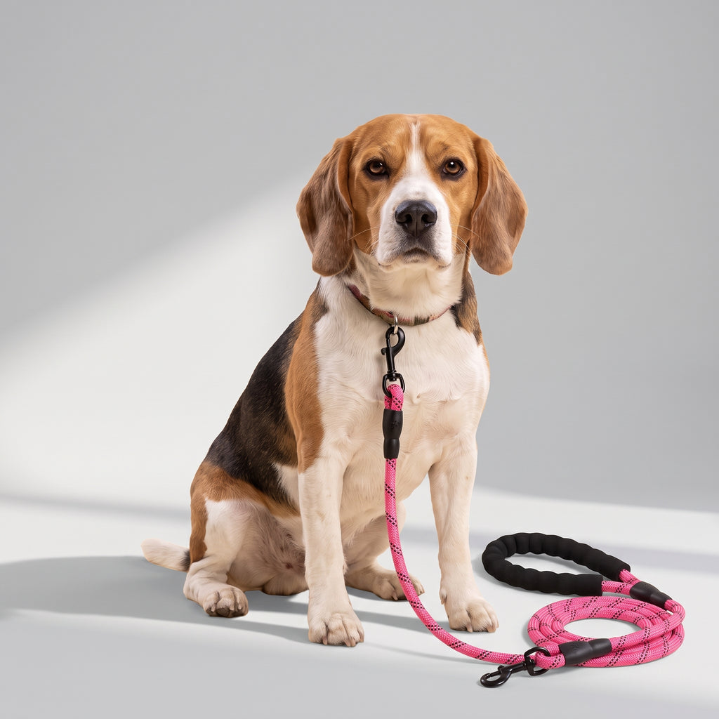Pink Dog Leash with a beagle, studio photo