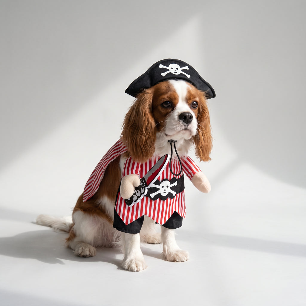 Knife Pirate Dog Halloween Costume with a Cavalier King Charles, studio photo