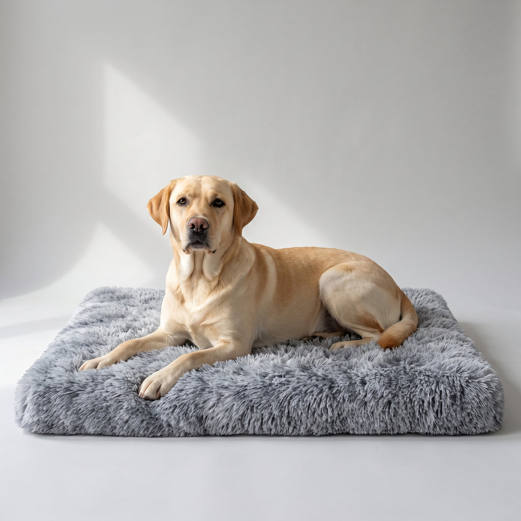 Plush Dog Bed with a Labrador, studio photo