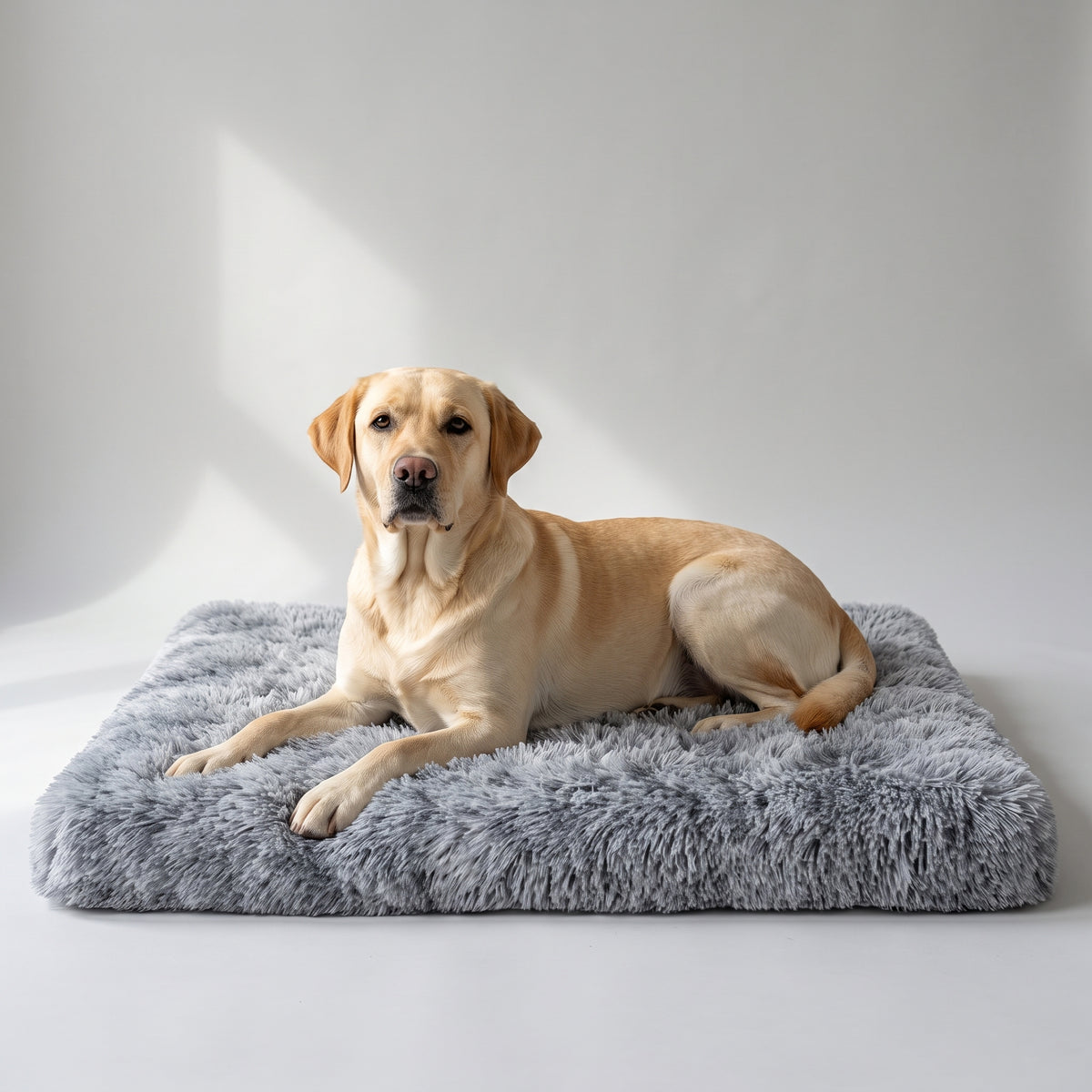 Plush Dog Bed with a Labrador, studio photo