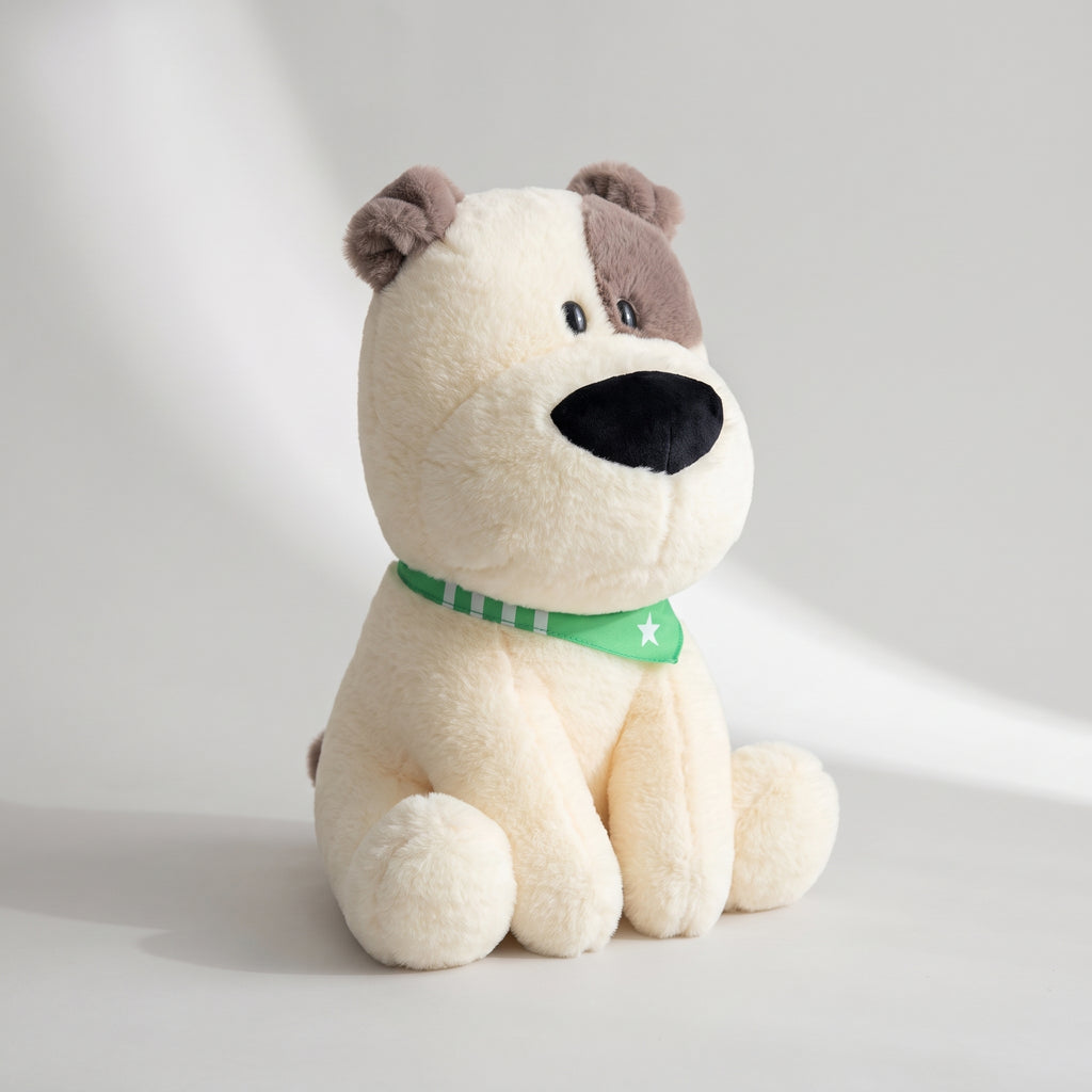 Plush Dog, studio photo on a light grey background