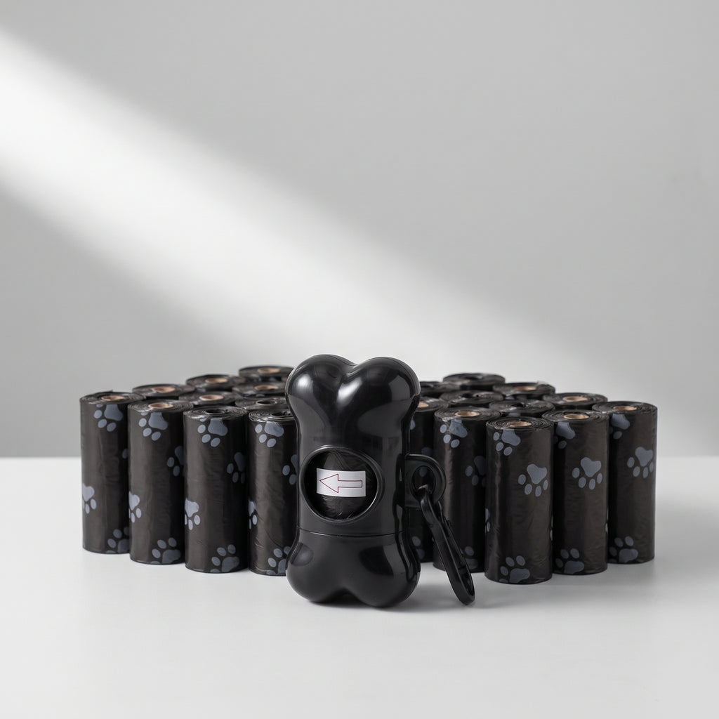 Dog Poop Bags, 30 Rolls in 8 Colors, studio photo on a light grey background