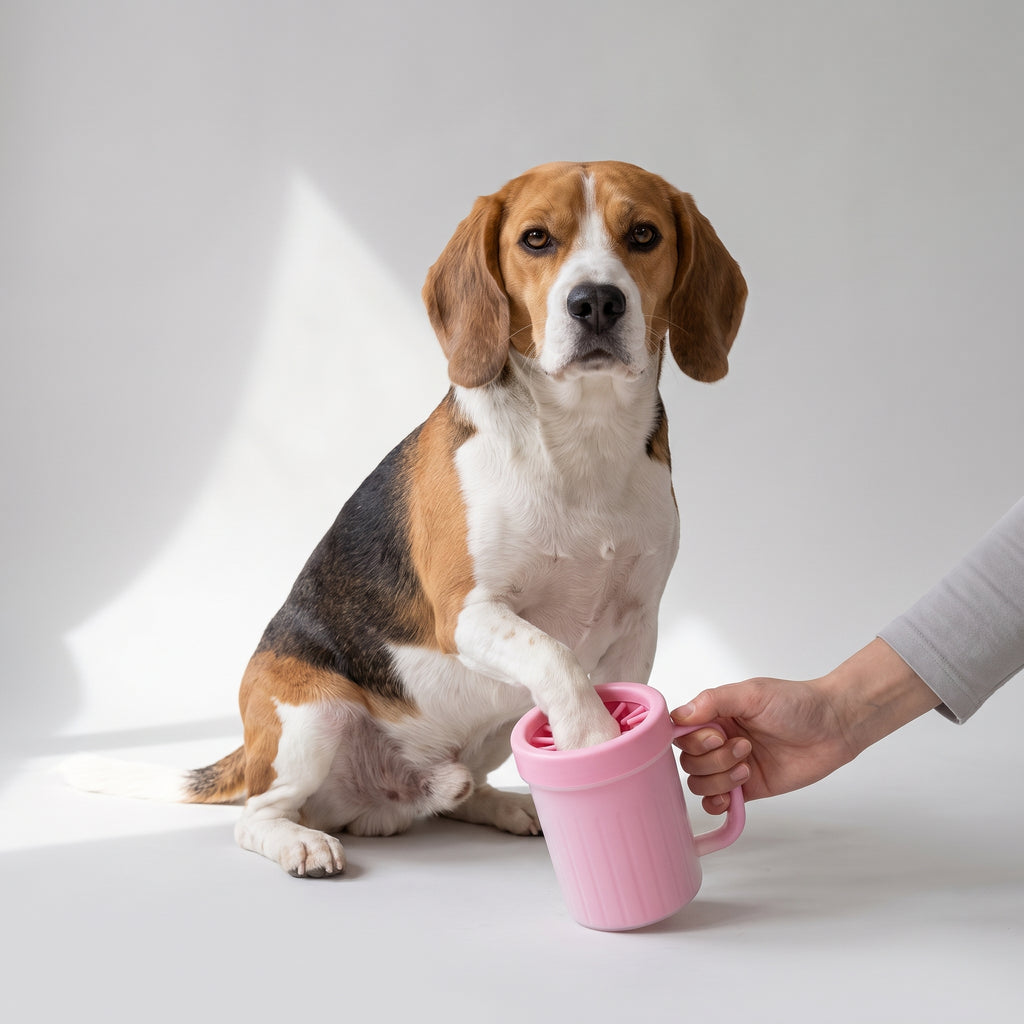 Portable Dog Paw Cleaner with a beagle, studio photo