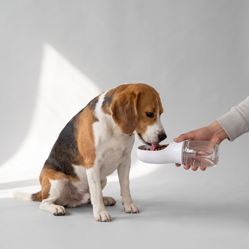 Dog Water Bottle with Food Container with a beagle, studio photo