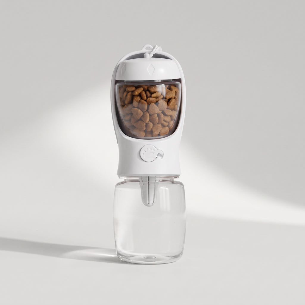 Dog Water Bottle with Food Container, studio photo on a light grey background