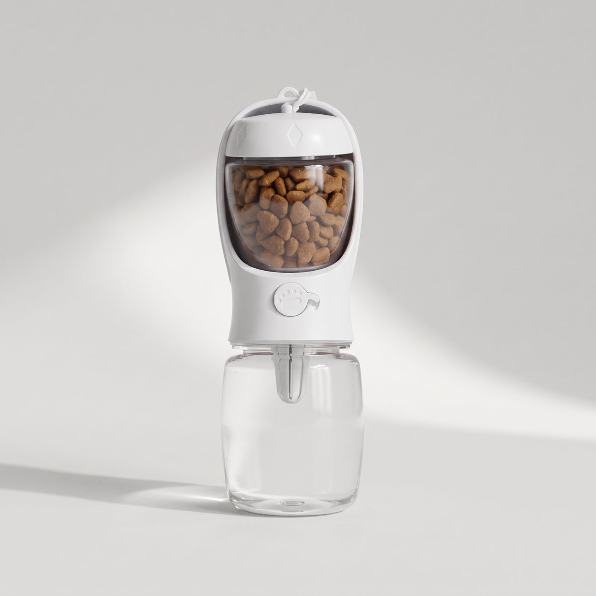 Dog Water Bottle with Food Container, studio photo on a light grey background