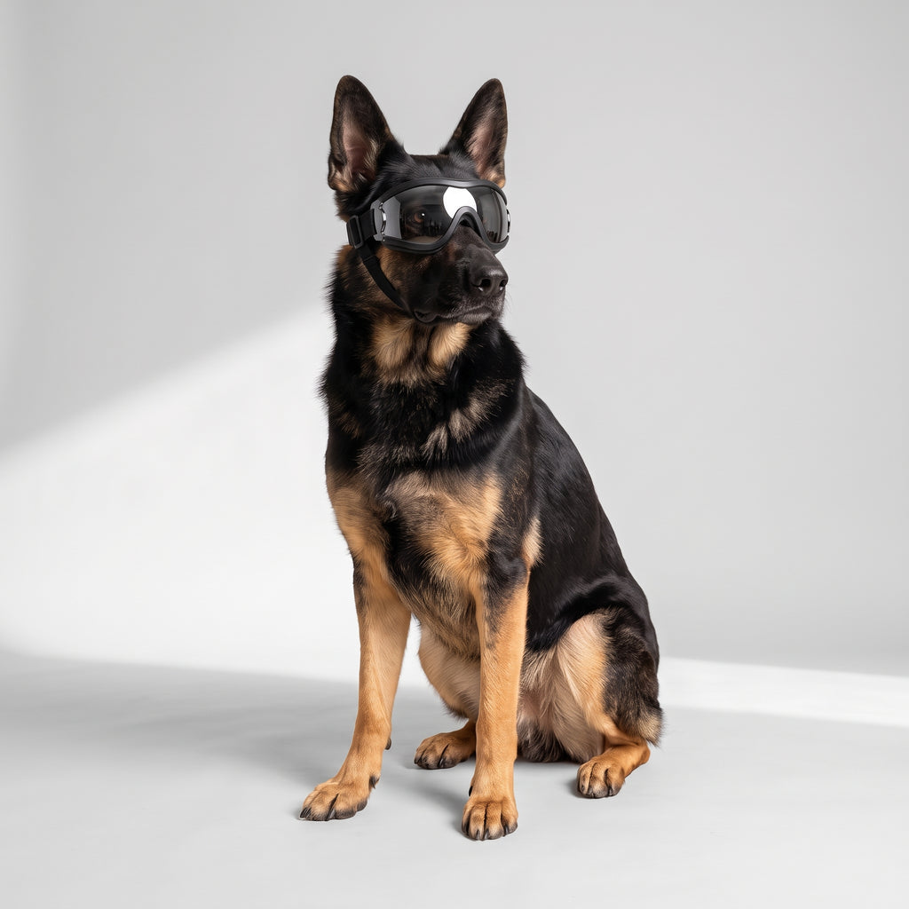 Protective Dog Glasses with a German Shepherd, studio photo