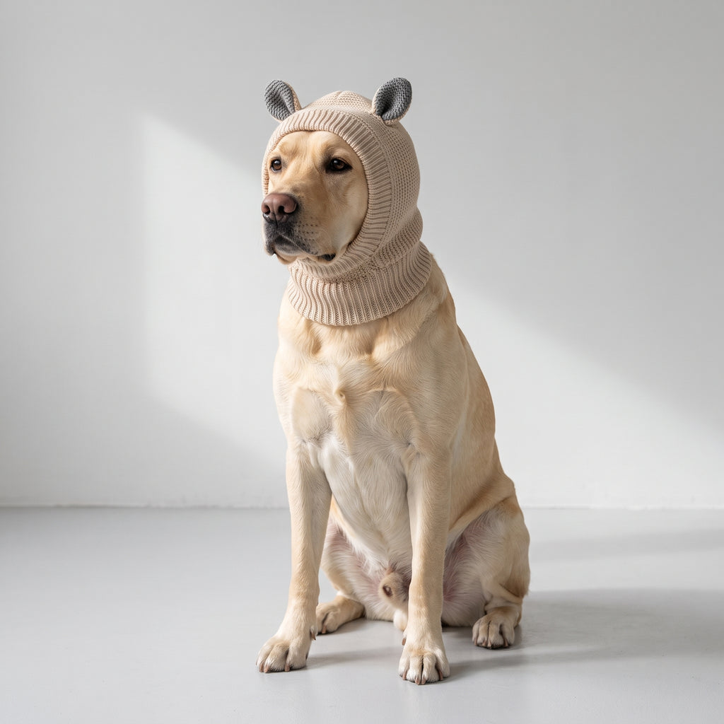 Rabbit Ears Dog Winter Hat with a Labrador, studio photo