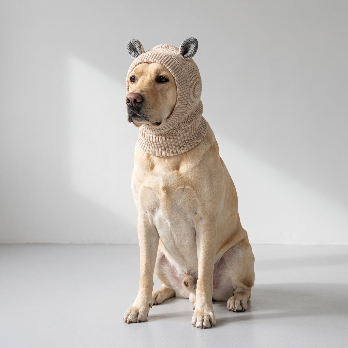 Rabbit Ears Dog Winter Hat with a Labrador, studio photo