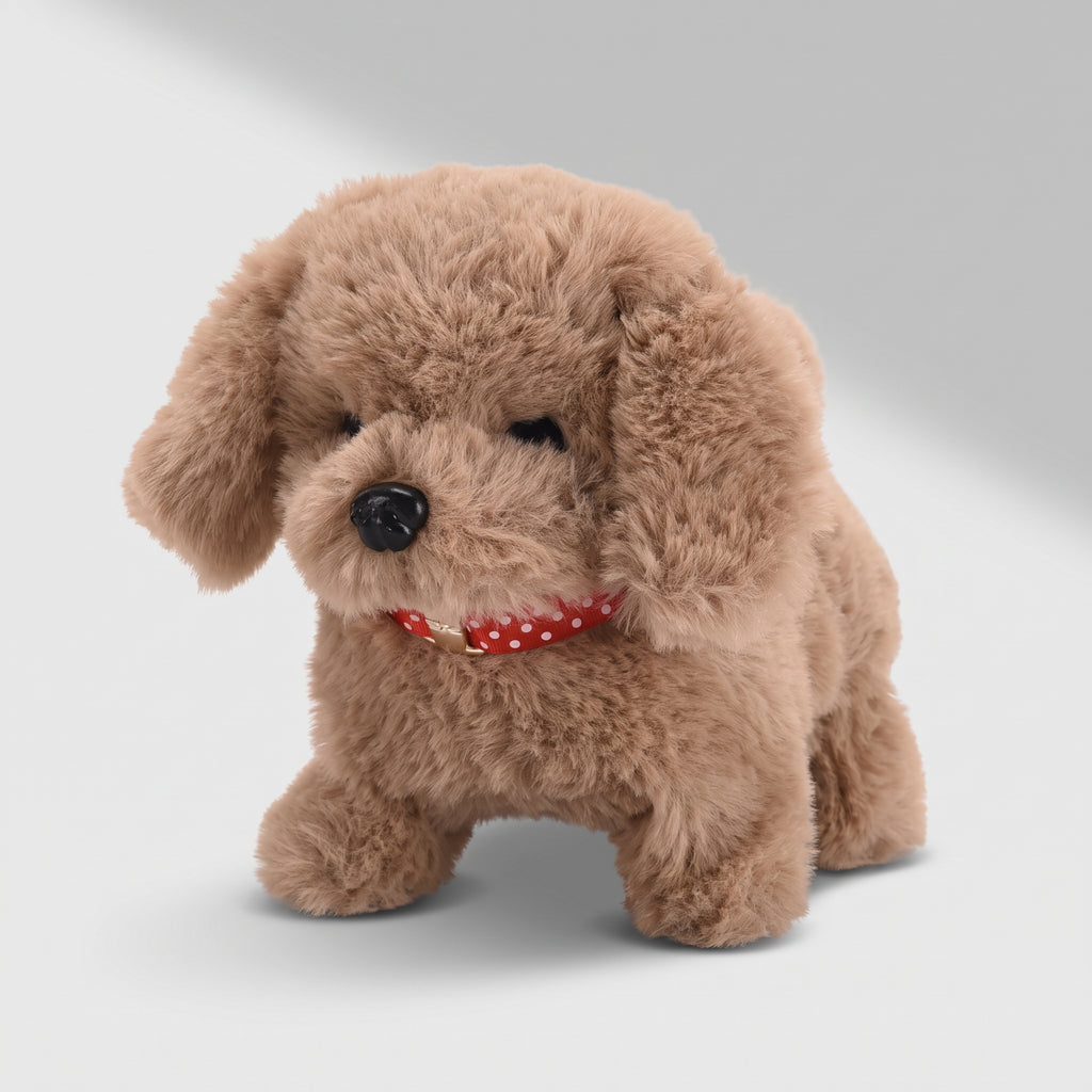 Realistic Dog Plush, studio photo on a light grey background