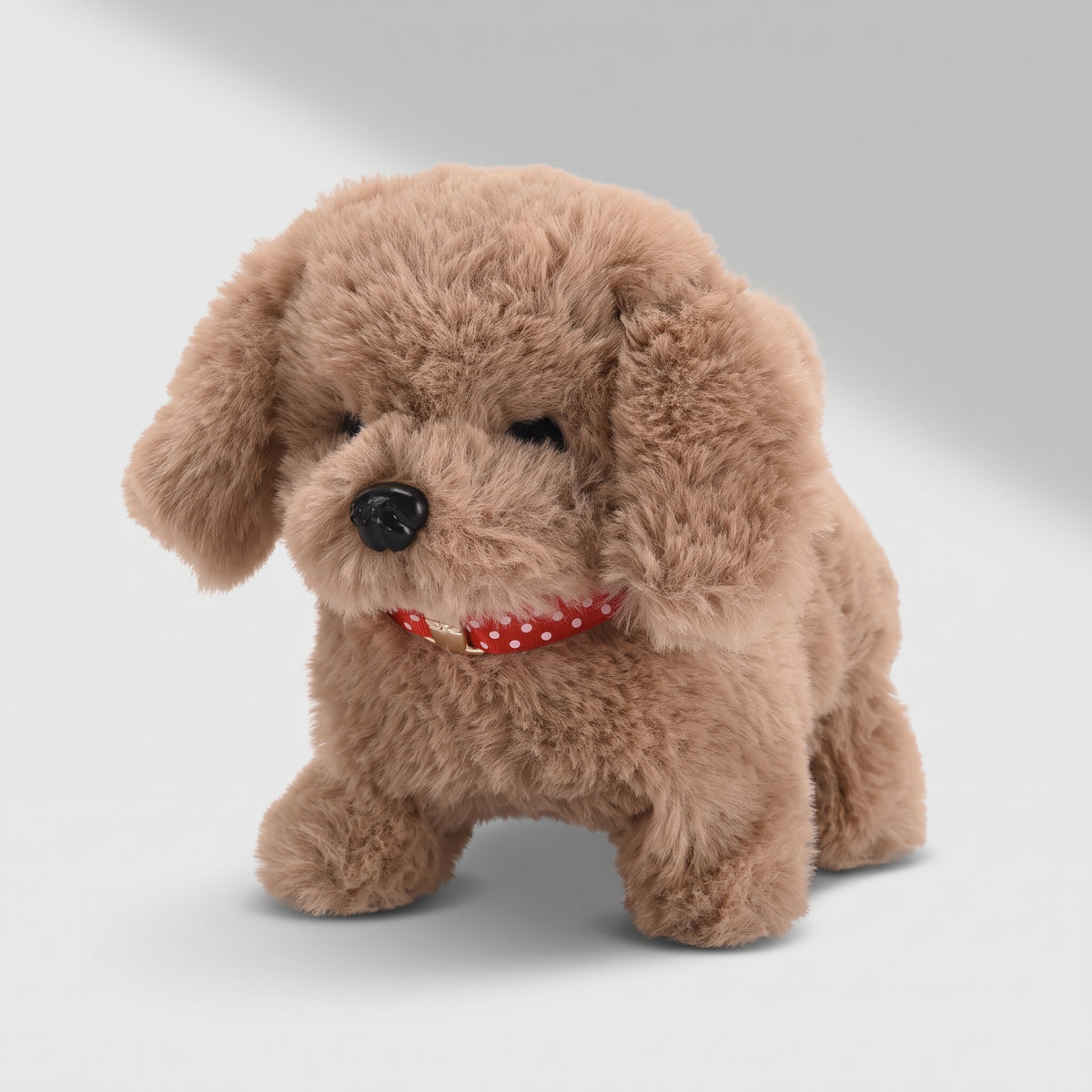 Realistic Dog Plush, studio photo on a light grey background