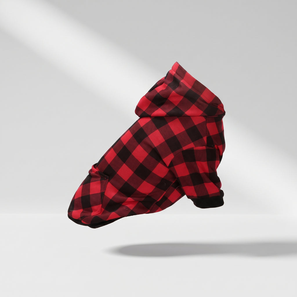 Red Dog Hoodie, studio photo on a light grey background