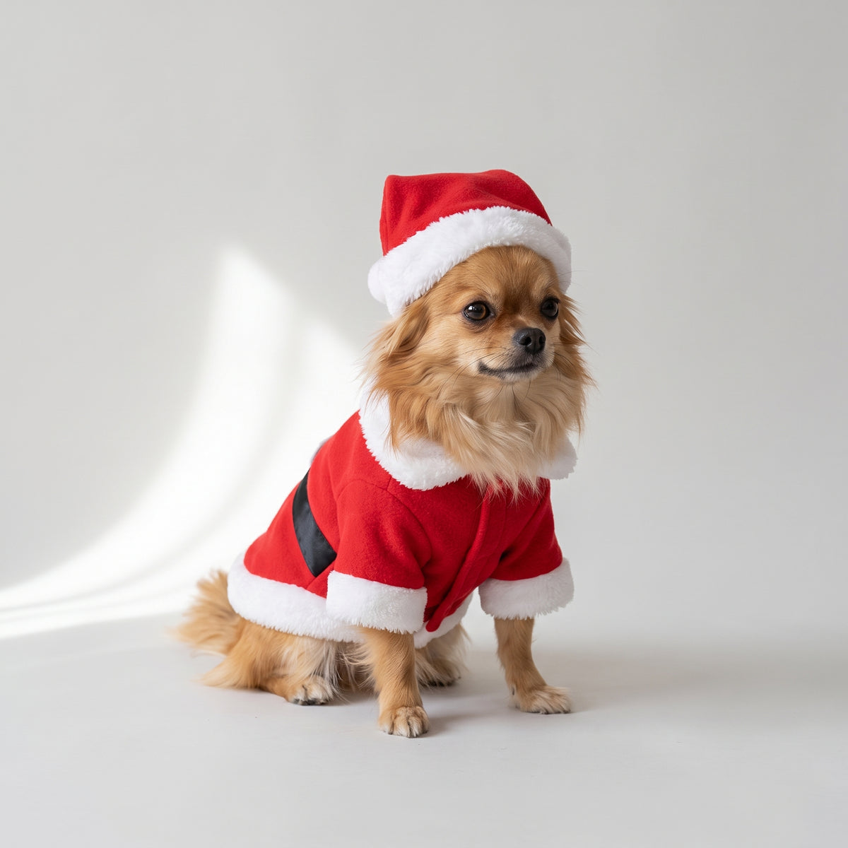 Santa Claus Dog Costume with a chihuahua, studio photo