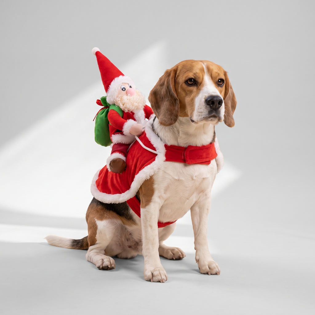 Santa Riding Dog Costume with a beagle, studio photo