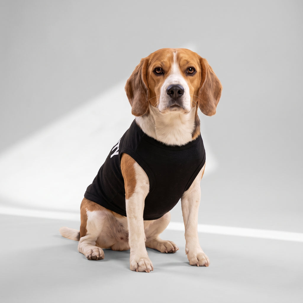 Security dog vest with a beagle, studio photo