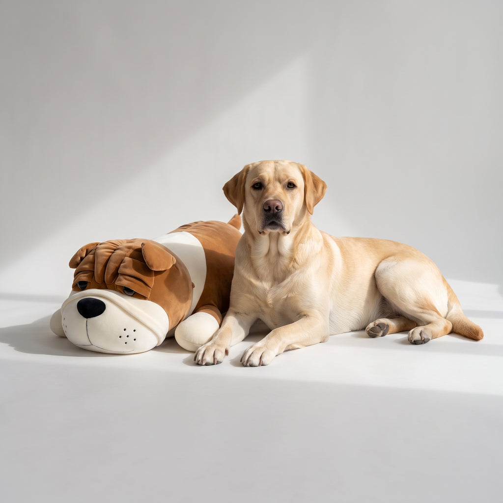 Shar Pei Plush Toy with a Labrador, studio photo