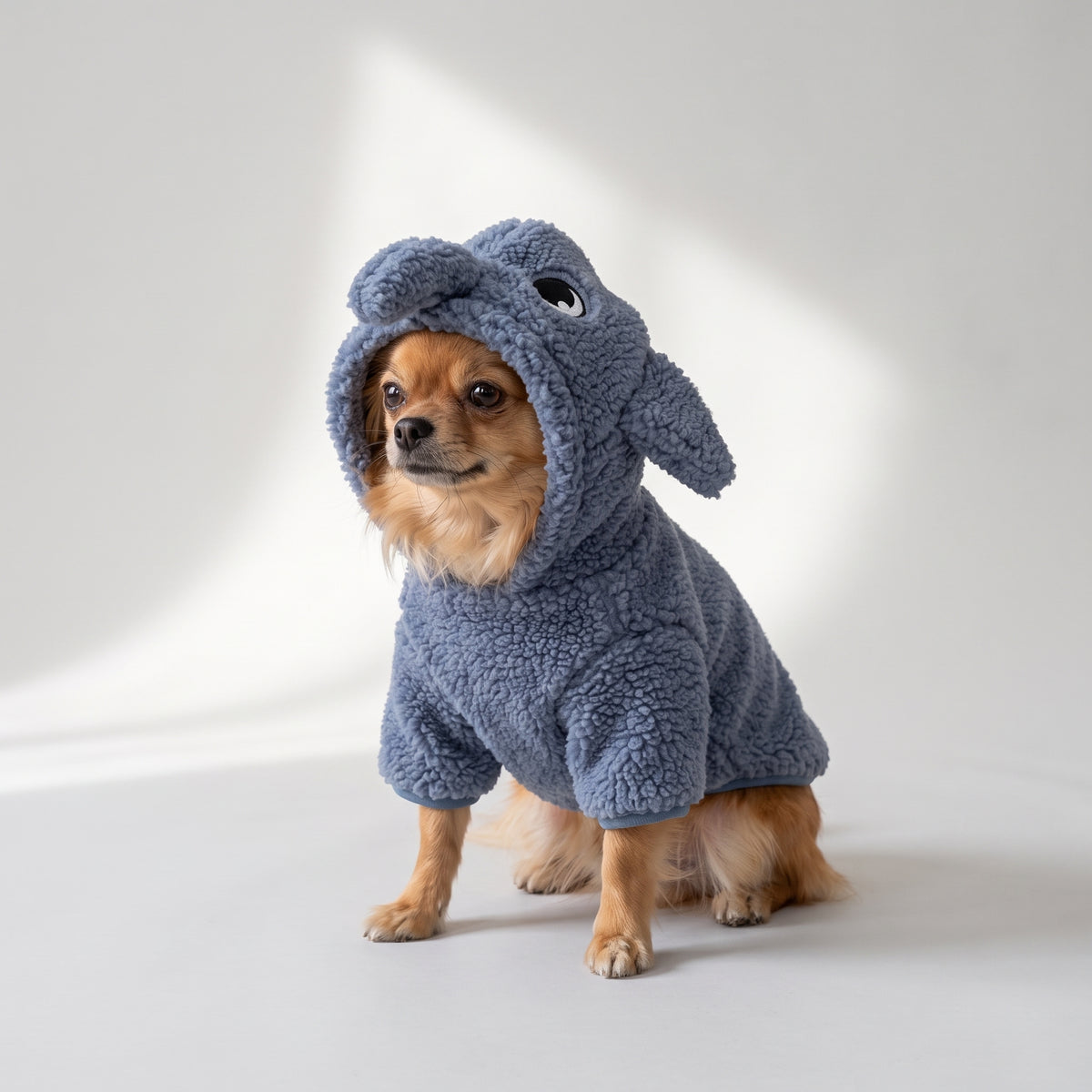 Blue Shark Dog Costume in Polyester with a chihuahua, studio photo